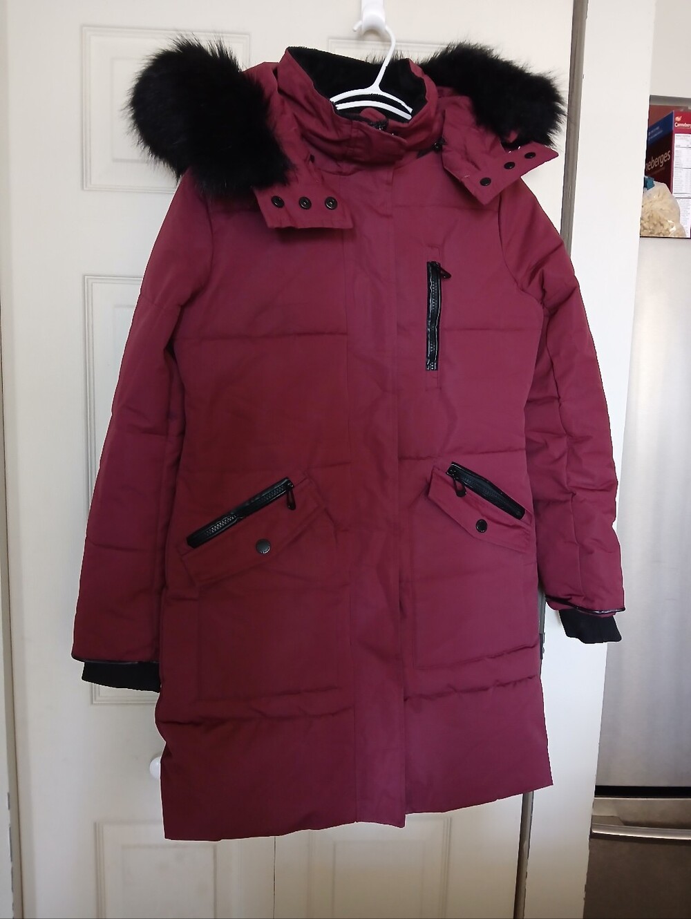 NOIZE Burgundy Parka Coat with Black Removable Faux Fur Trim, Size Small (S)